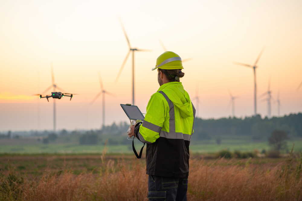 Drone pilot with controller capturing aerial survey at sunset