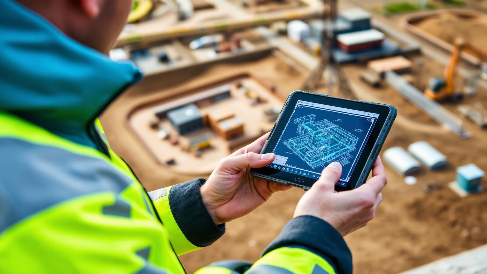 Site engineer reviewing drone survey CAD data on a rugged tablet on a UK construction site