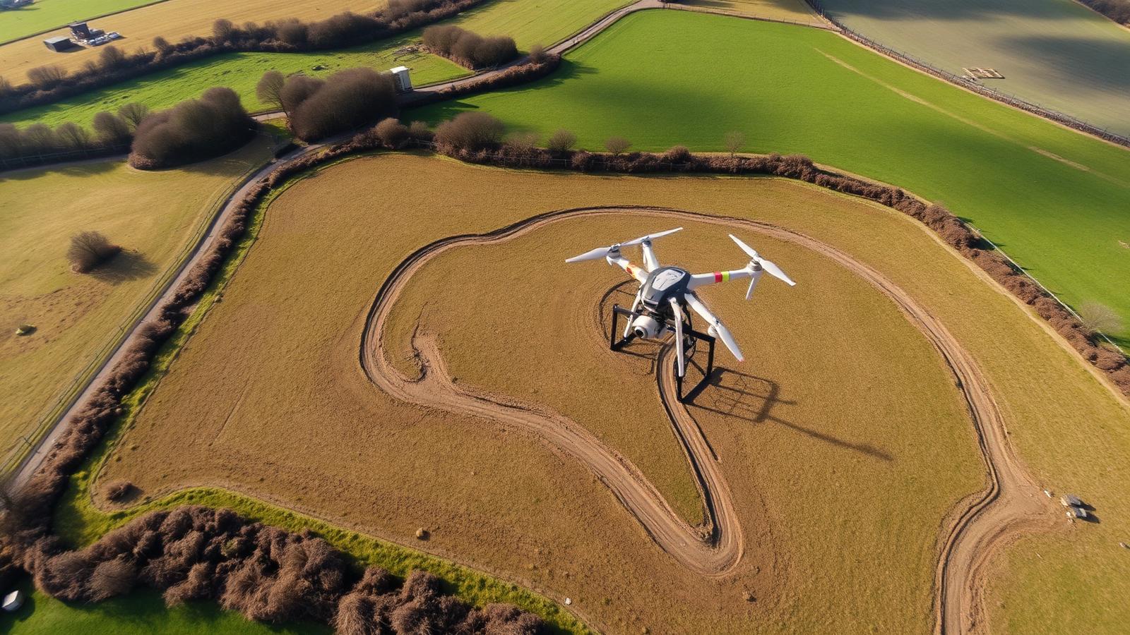 Drone flying a topographical survey pattern over UK farmland and groundworks